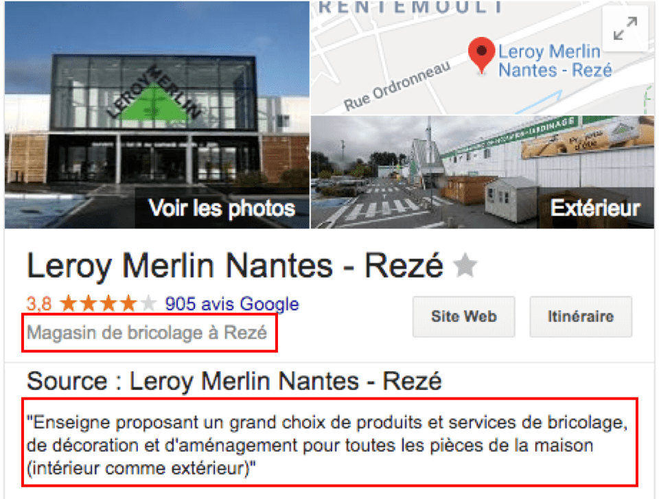 Une fiche Google My Business Leroy Merlin publiant un descriptif court et un descriptif long