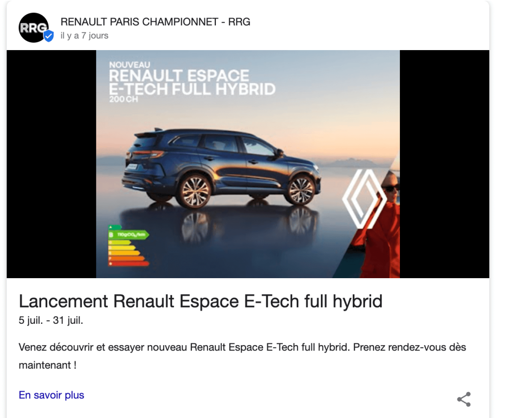 Un exemple de Google Post de du constructeur Renault.