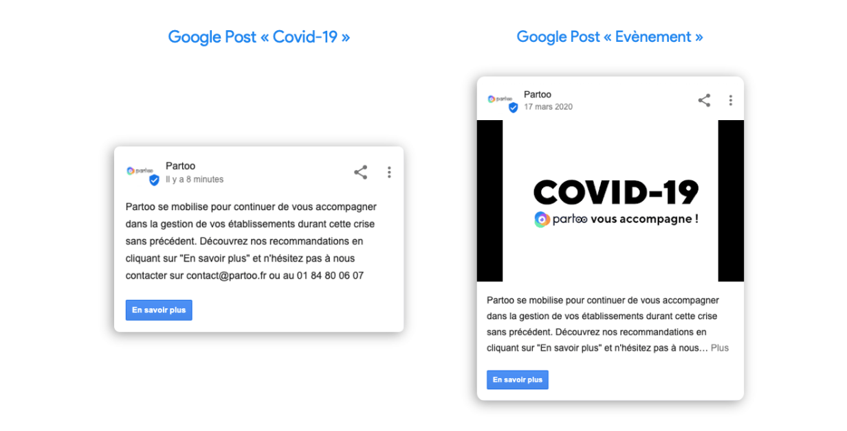 vista di Google Posts tipo Covid e tipo Event
