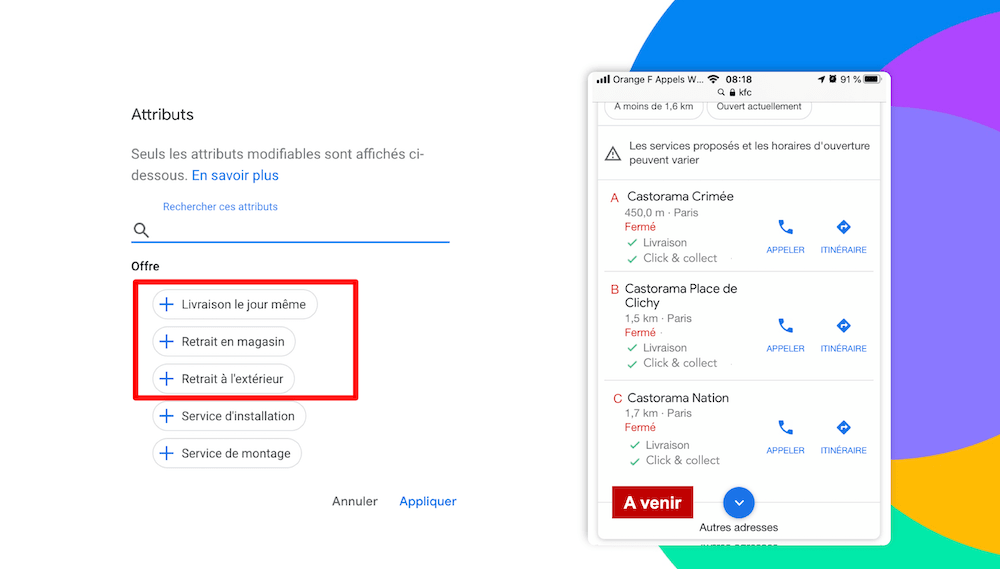 attributs google my business à retirer en magasin livraison