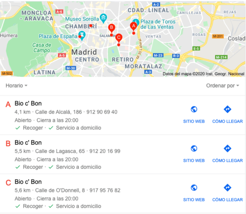 muestra de nuevos atributos click and collect en fichas Google de Bio c Bon en Madrid