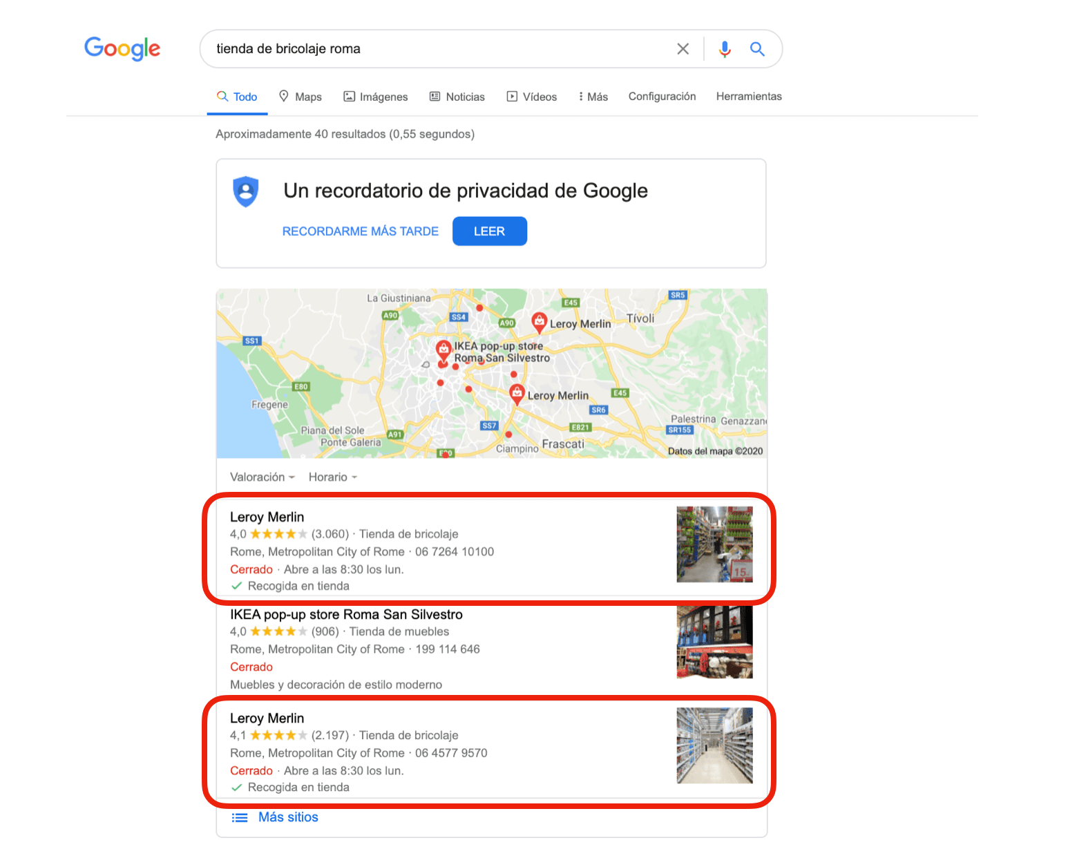 ejemplo de resultado de búsqueda google con fichas identificadas correctamente por su categoría principal y sus subcategorías