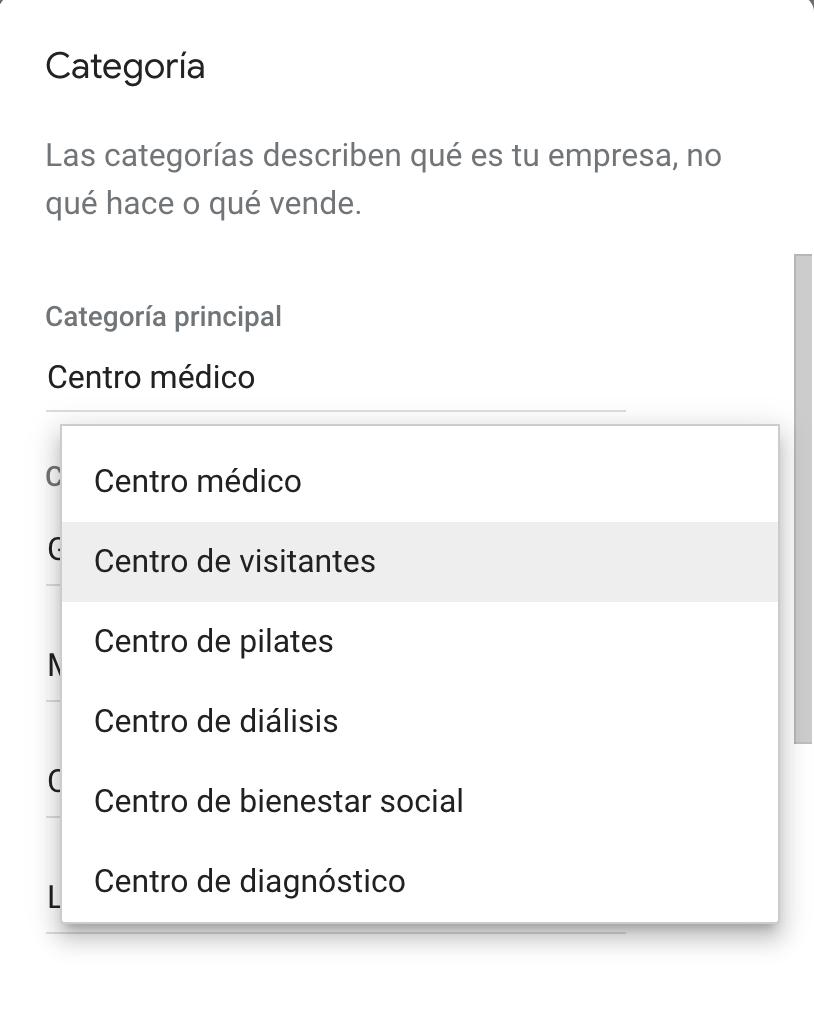 back office de google my business para categorías de salud