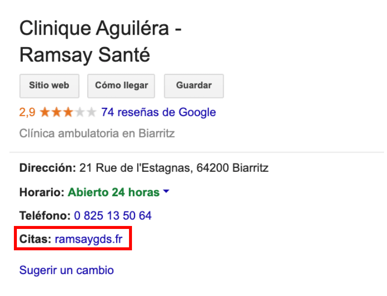 ficha google clínica Ramsay General url de citas