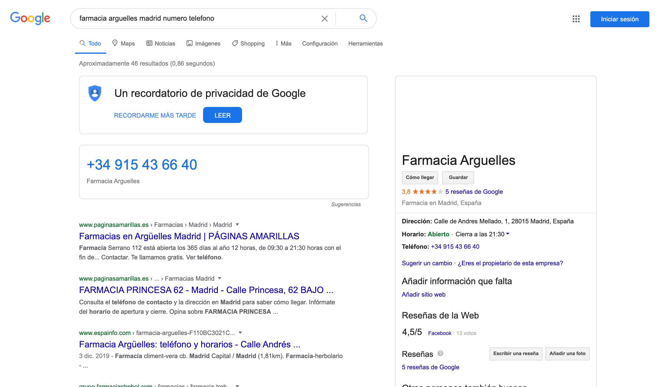 resultado de búsqueda google para número de teléfono de farmacia Madrid