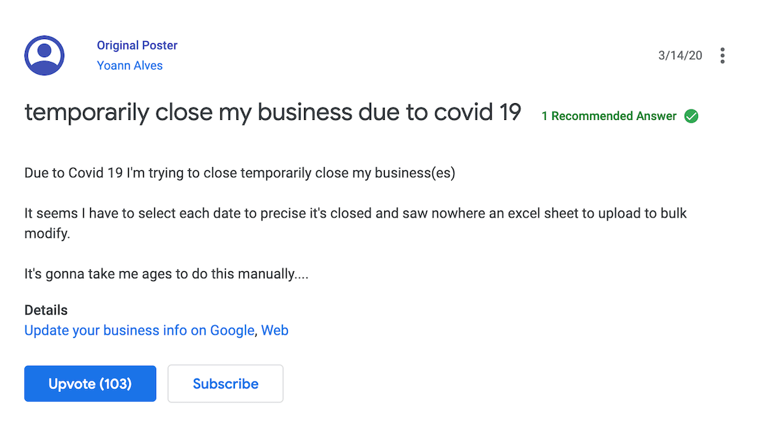fermeture temporaire google my business message sur le forum google my business indiquant la fermeture temporaire d'un établissement