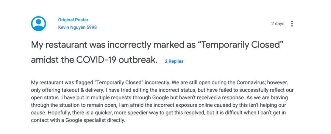 usuario en internet pregunta sobre el cierre temporal de su establecimiento durante la cuarentena en su ficha google