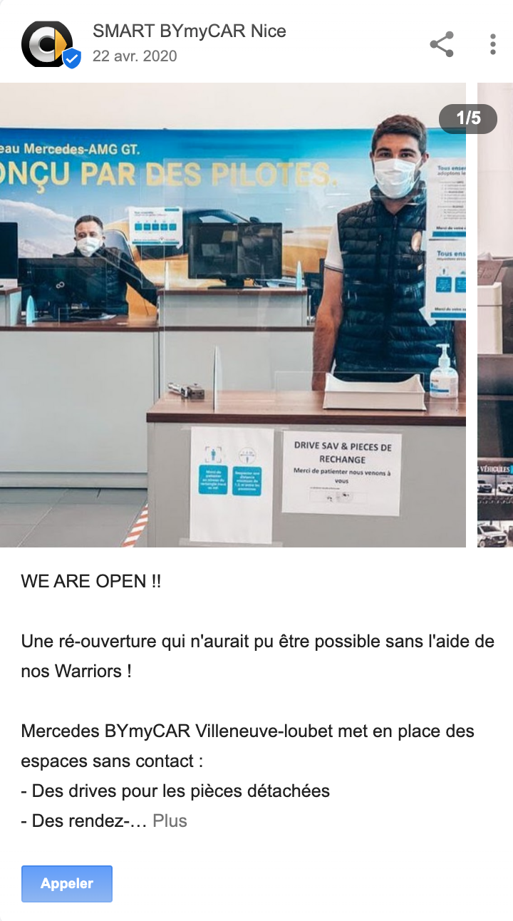 Google Post de ByMyCar pour annoncer l'ouverture des concessions