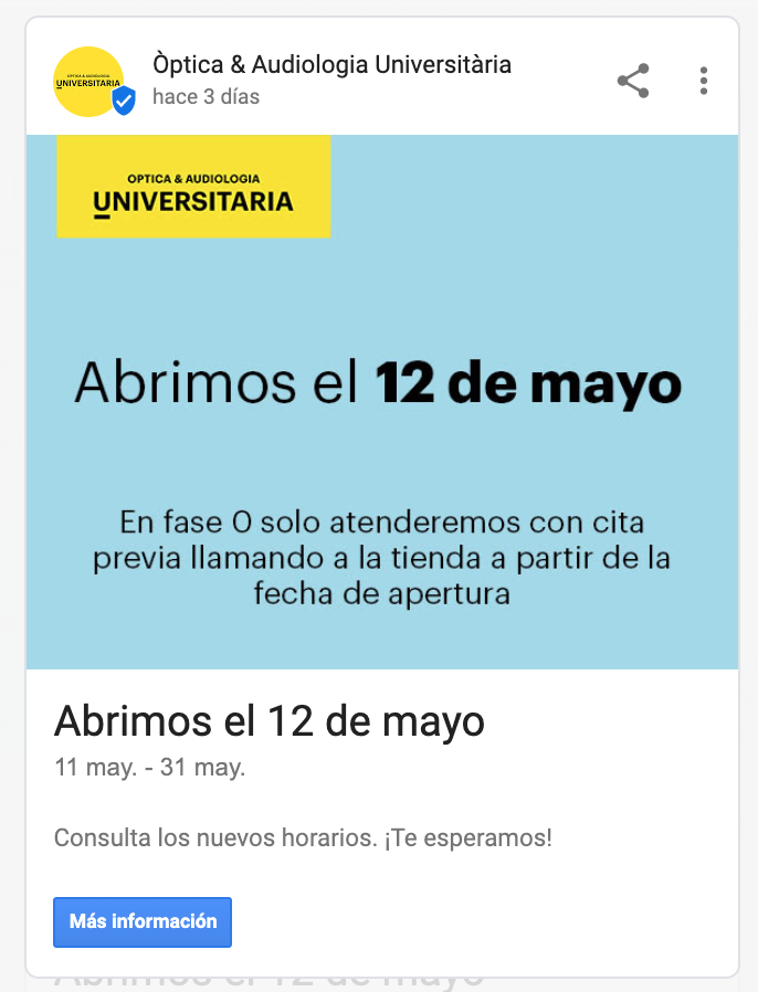 google posts indicando la reapertura de establecimientos en la fase 1 de la desescalada