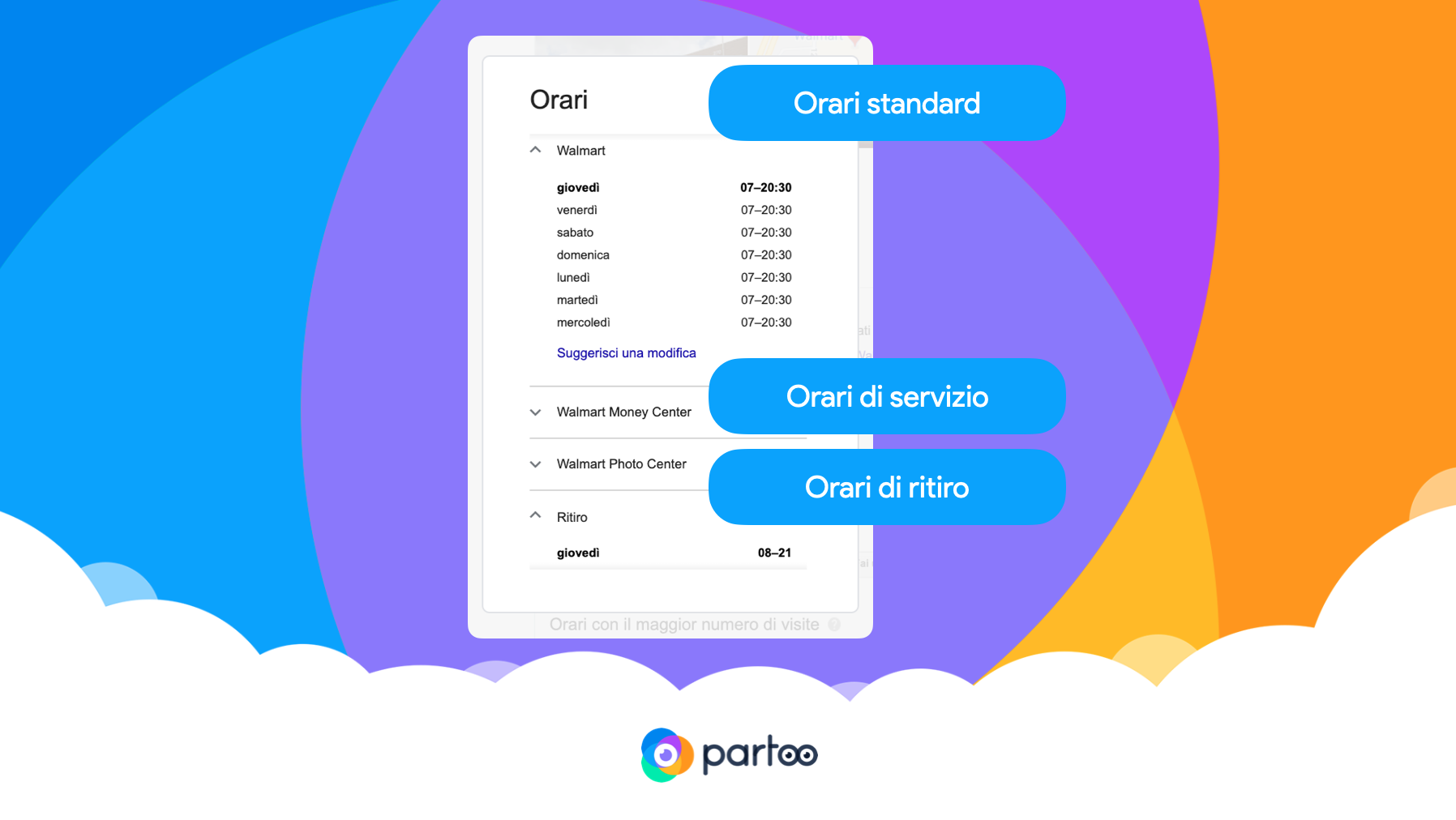 google my business tab dove è possibile vedere i nuovi orari secondari per mostrare i diversi servizi all'interno della stessa sede