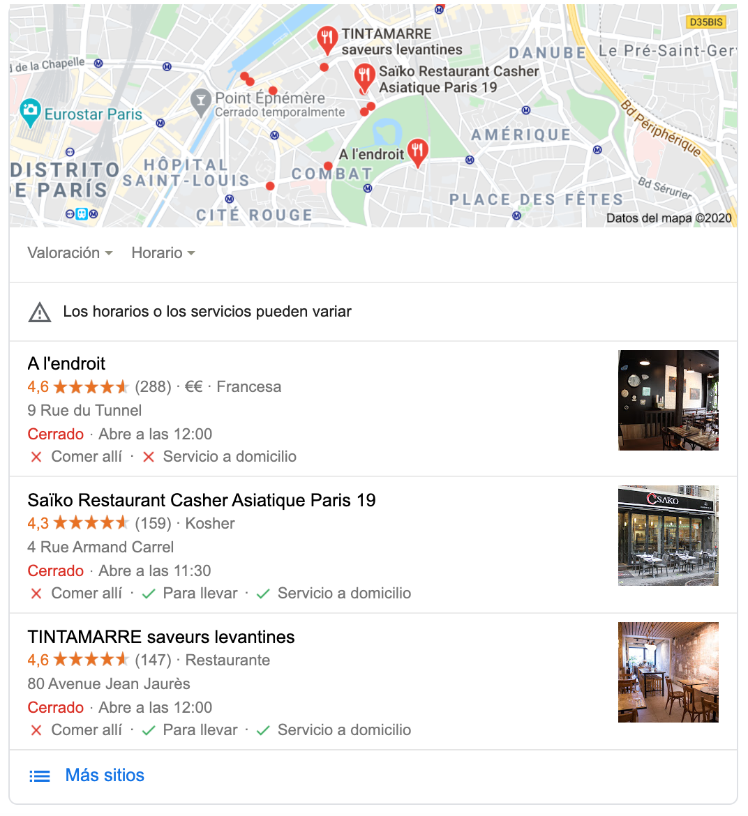 resultado de búsqueda google con restaurantes implantando los nuevos atributos click & collect