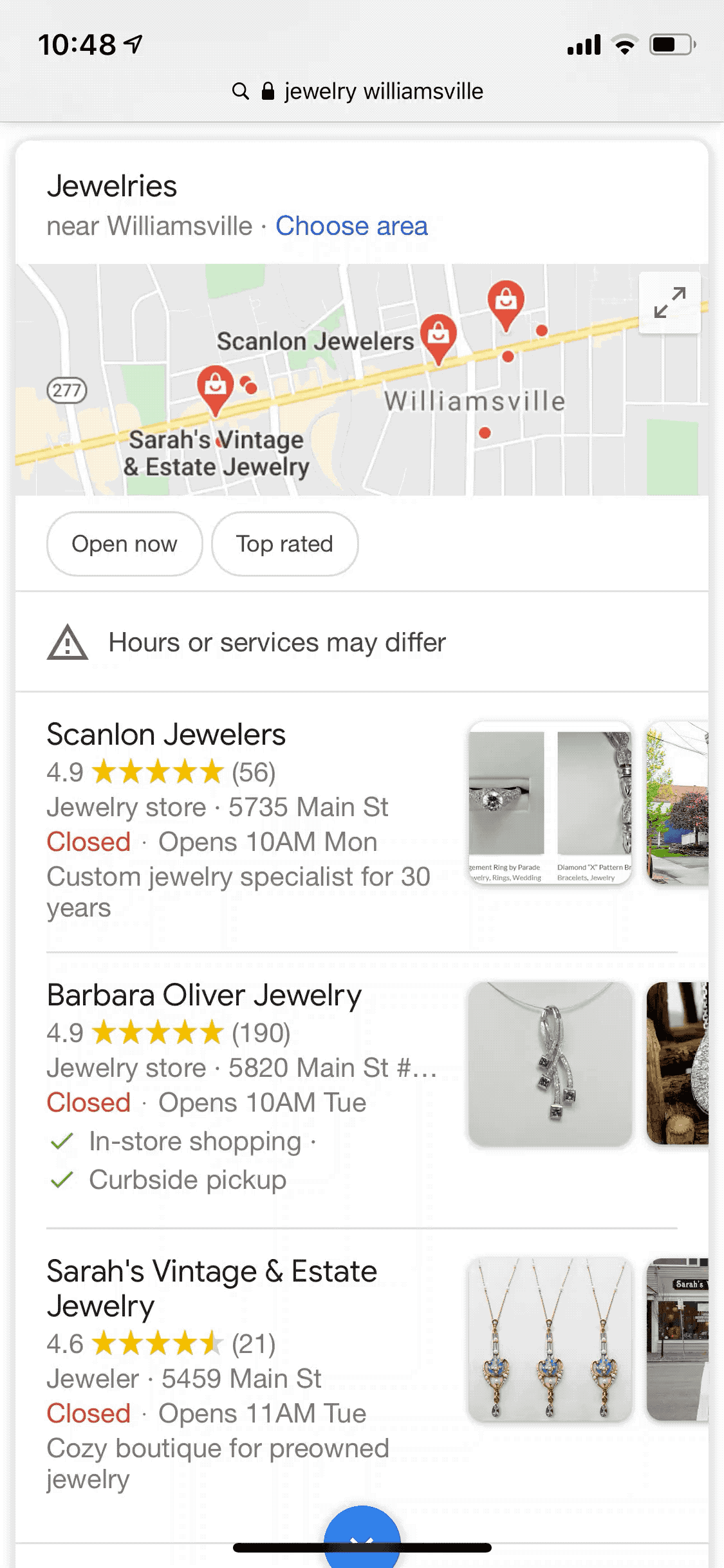 visualización de un Local pack en Google con la nueva integración de carrusel de 5 imágenes sobre los productos del establecimiento 