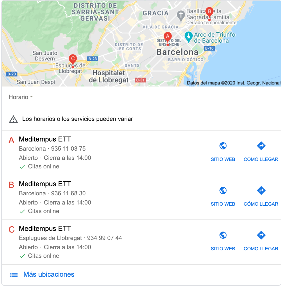 resultado de Local Pack en Google, donde la empresa Meditempus indica la posibilidad de concretar citas online a través de su atributo