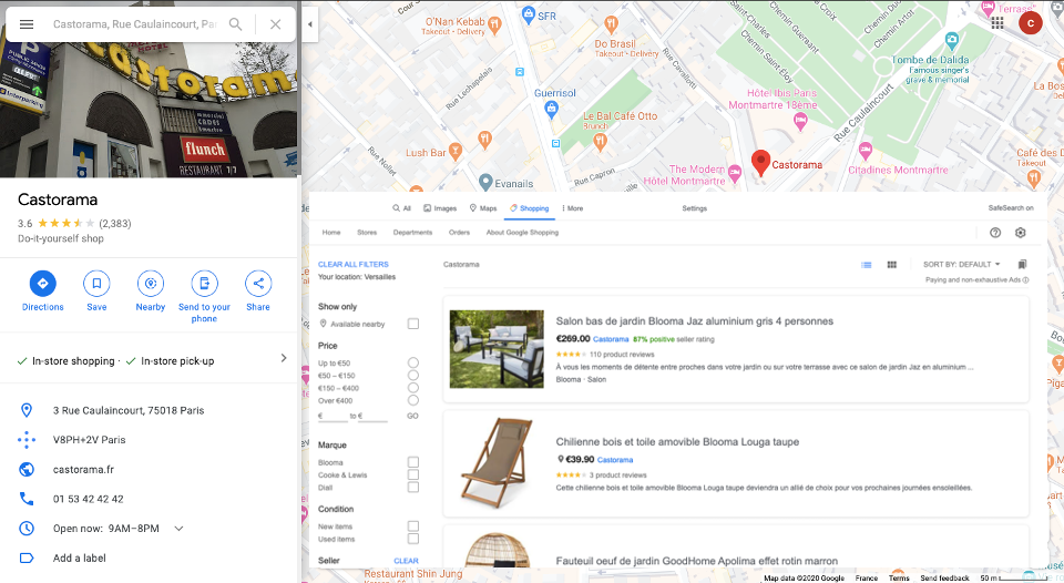 vista de ficha google de Castorama en Google Maps en donde se muestra su sección en Google Shopping con los productos disponibles en stock