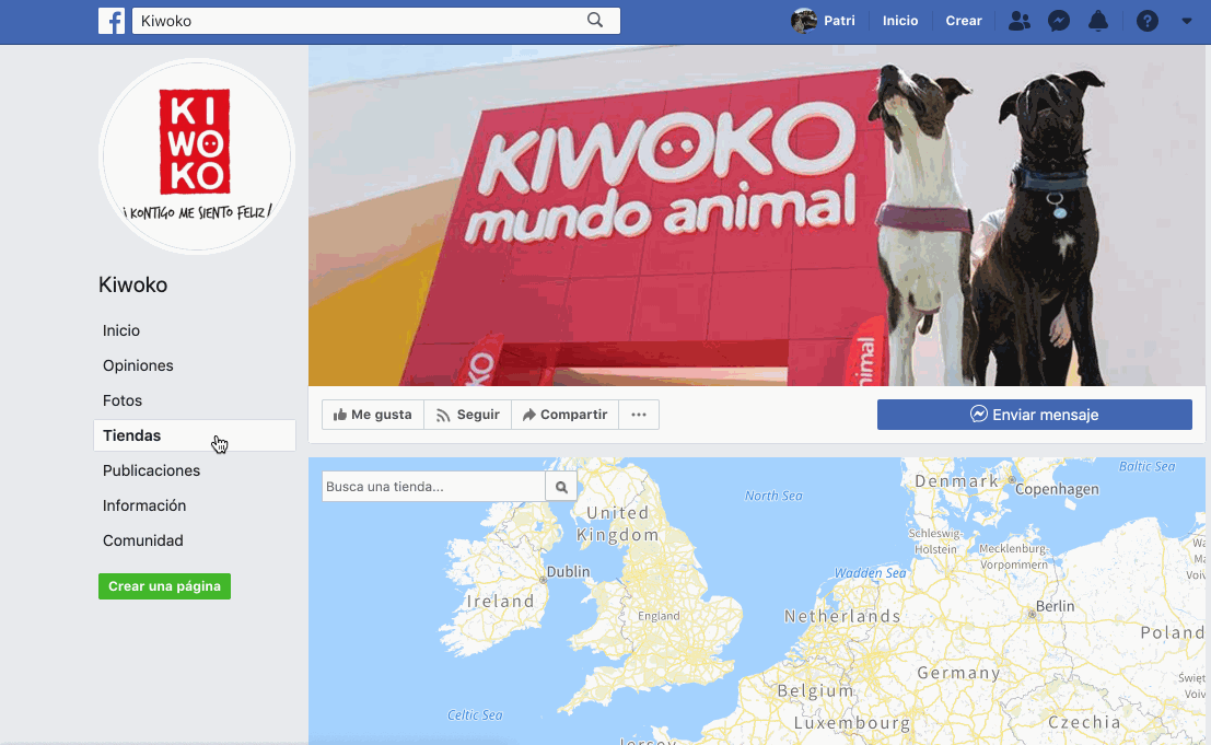 visualización de página Facebook de Kiwoko junto su store locator Facebook