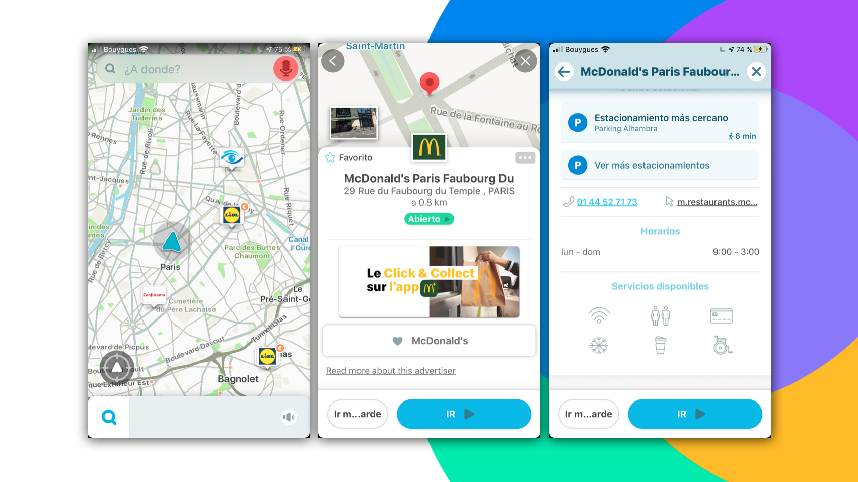 visualización de establecimientos dentro del trayecto dirigido desde la plataforma Waze