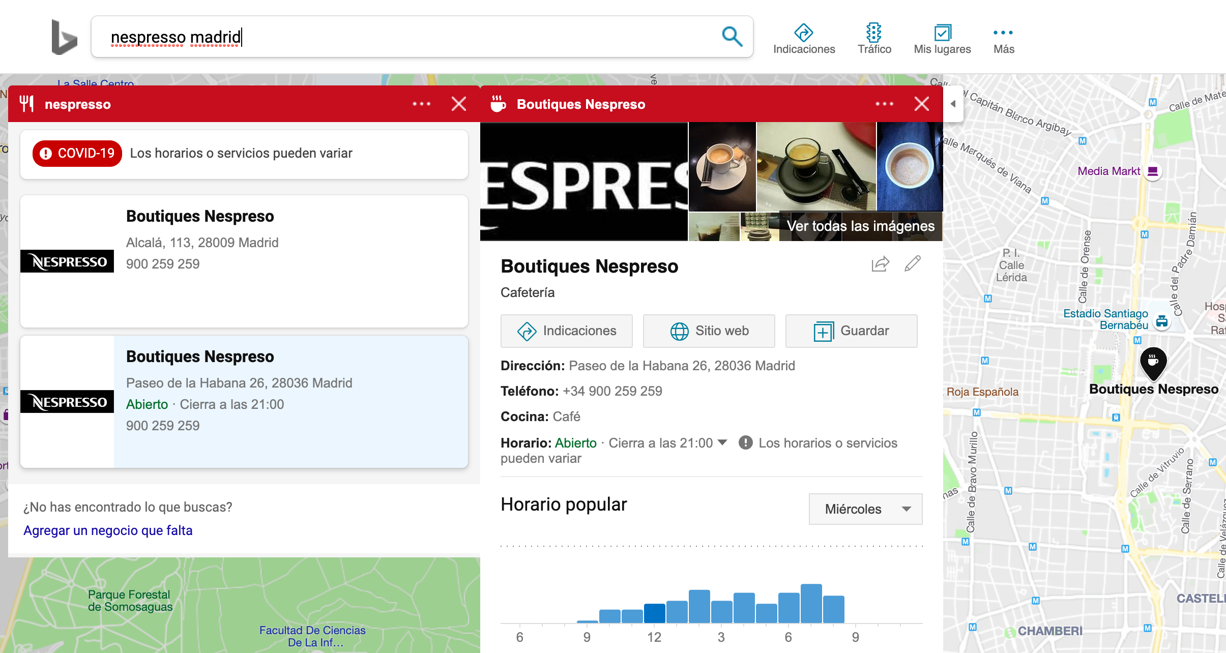 visualización de ficha de establecimiento de Nespresso en Madrid en Bing Mapas