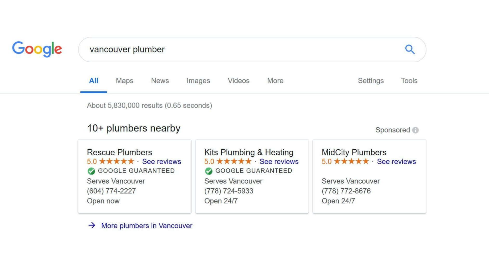 Google Guaranteed ads of plumbers in Vancouver