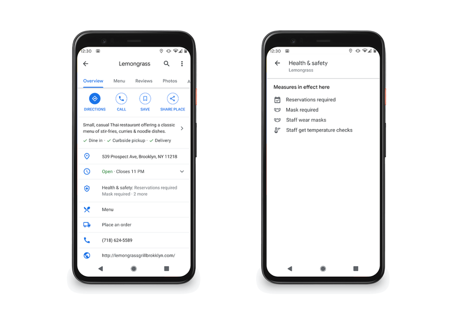 visualización de atributos de salud y seguridad en una ficha Google desde Google Maps