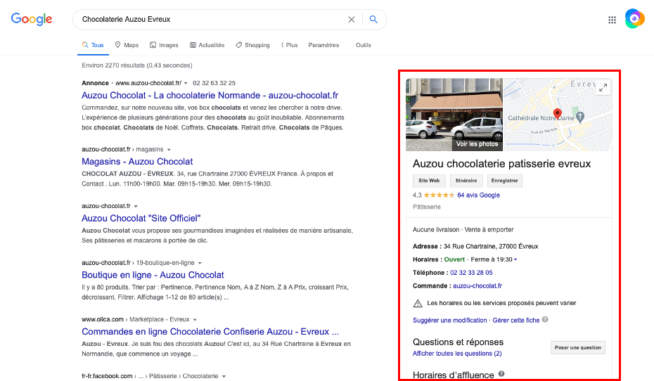 Aperçu d'une fiche Google My Business dans un résultat de recherche Google