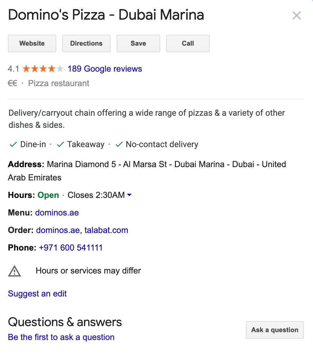Secondary URLs of Dominoes store in Dubai