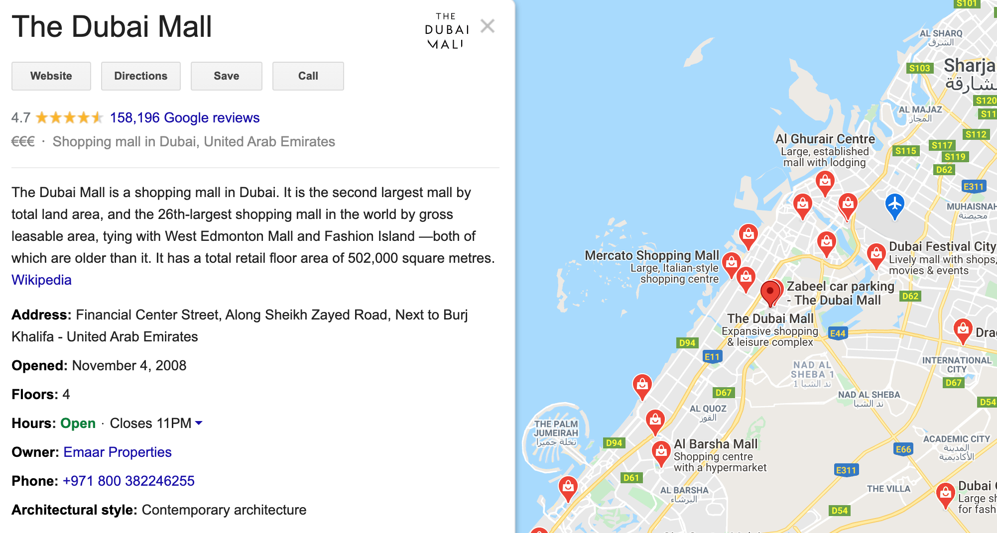 Dubai Mall GMB listing on Google Maps
