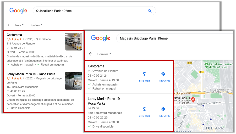 captures résultats de recherche pour quincaillerie paris 19ème et magasin de bricolage paris 19ème