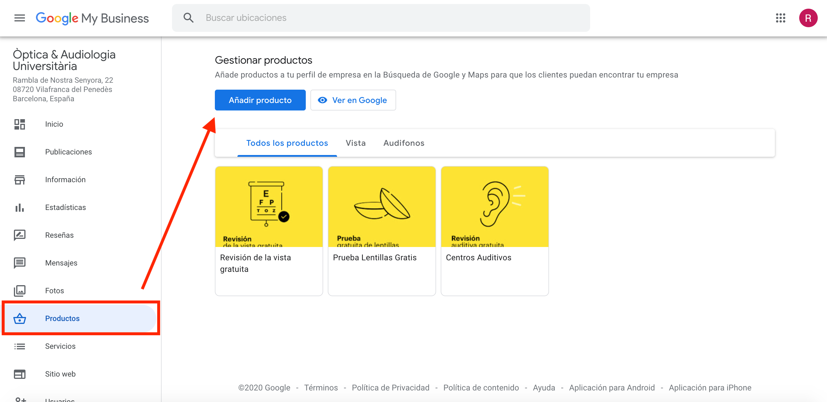 sección productos dentro de google my business