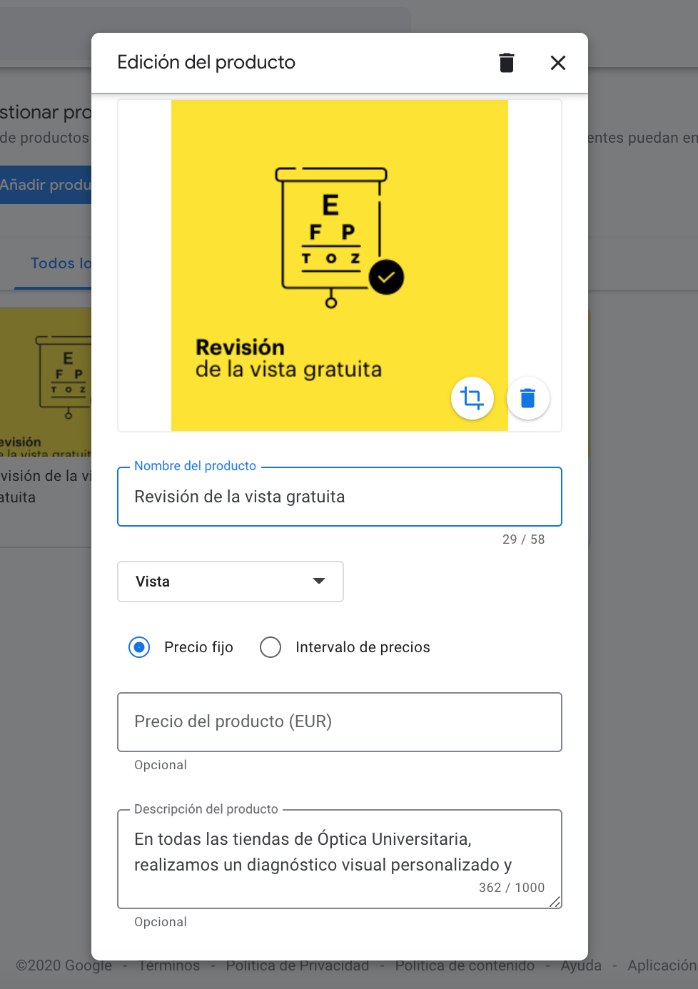 creación y descripción de un producto en una ficha google my business