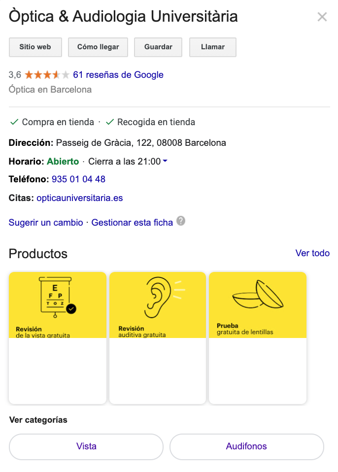 ficha de establecimiento Google My Business con catálogo de productos 