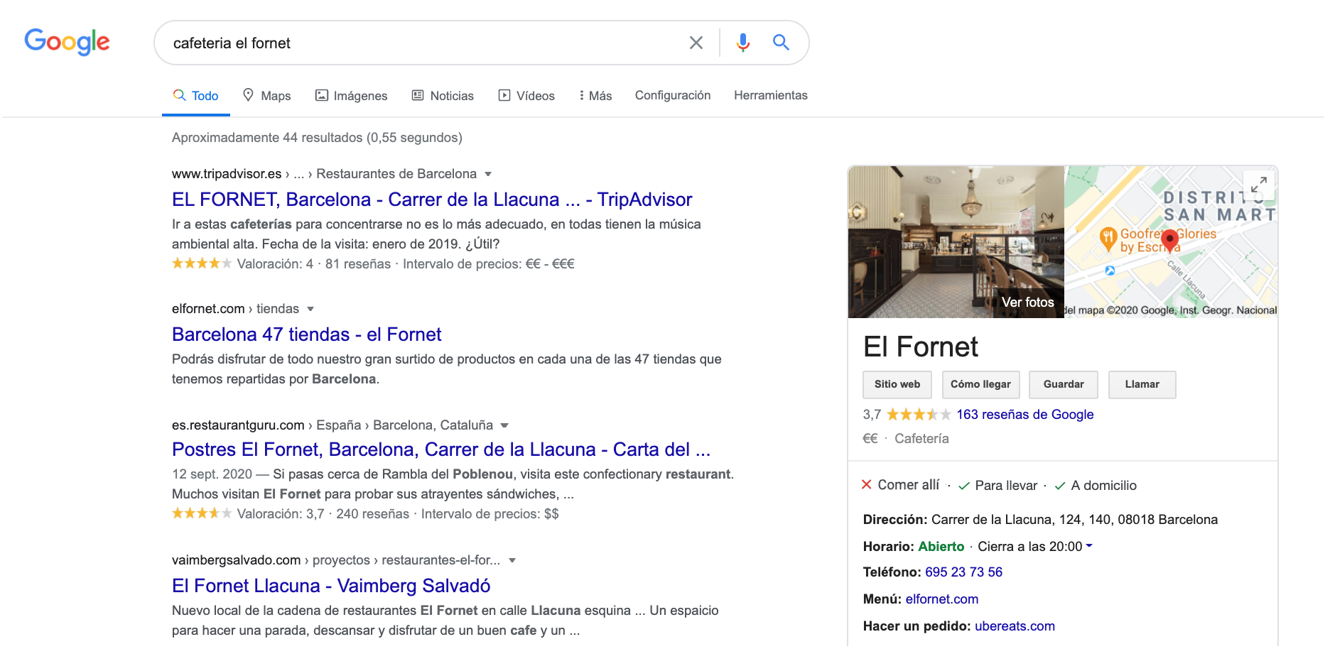 búsqueda google de cafetería el fornet