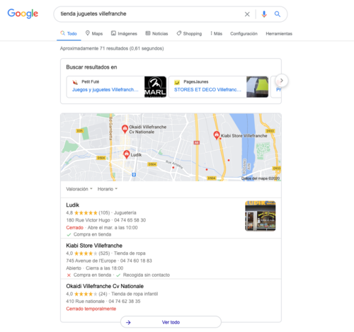 visualización de resultados google en tiendas cerradas temporalmente y tiendas cerradas definitivamente