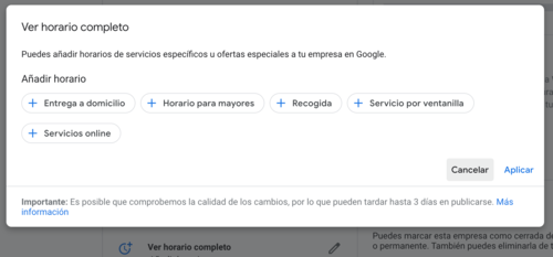 visualización de horarios secundarios en el back office google my business