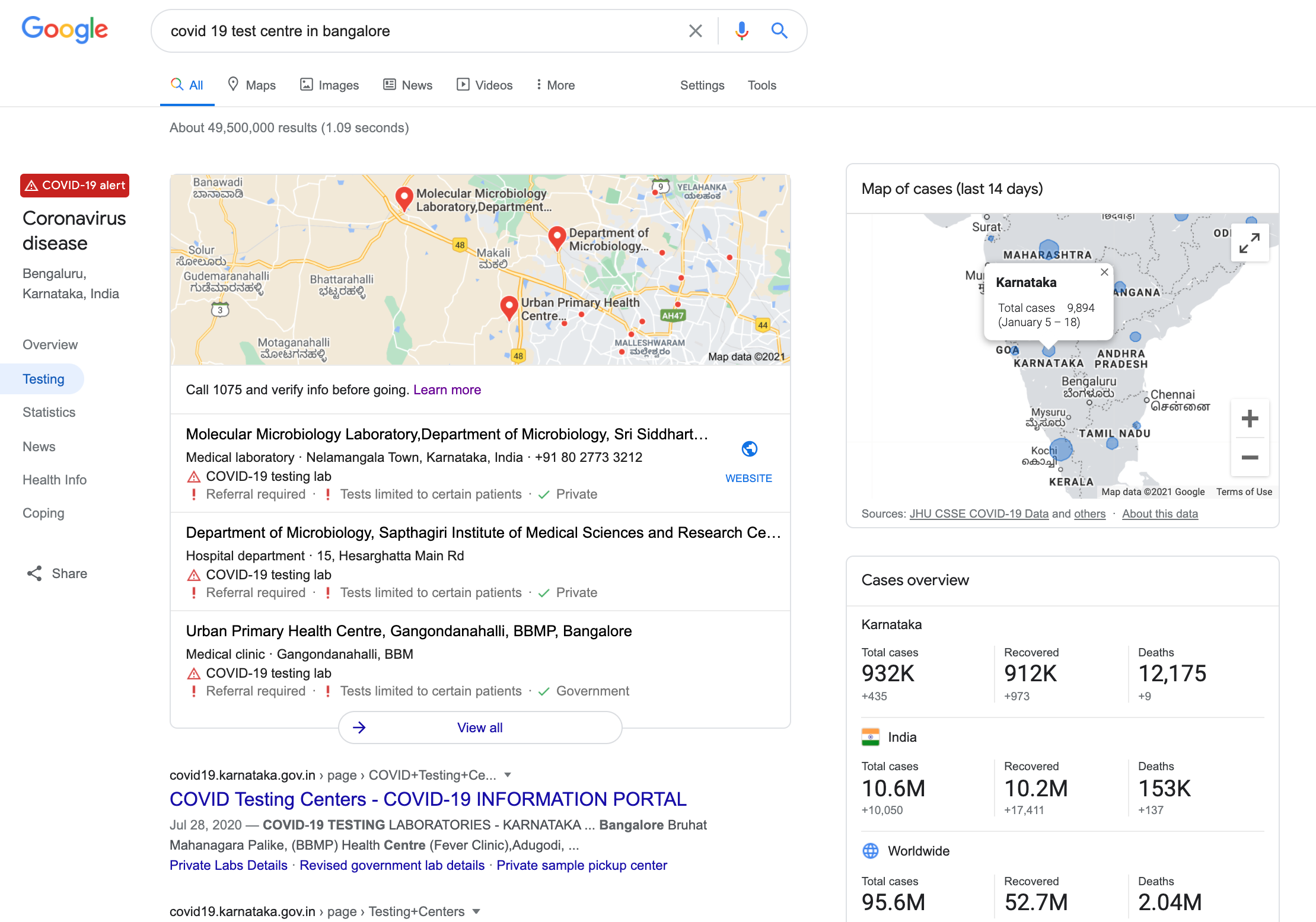PCR test centers on Google Local pack