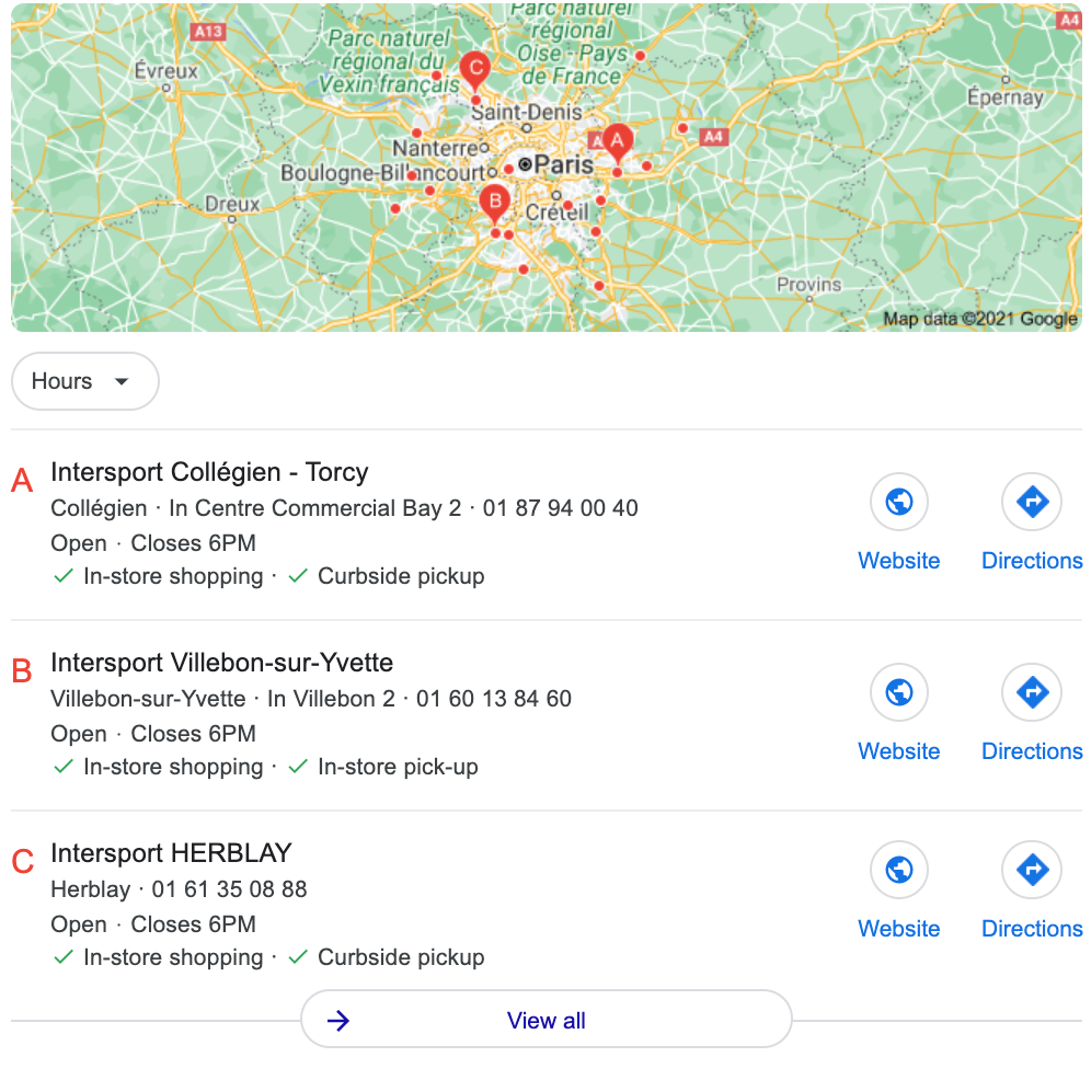 Listings of Intersport in Paris on Google
