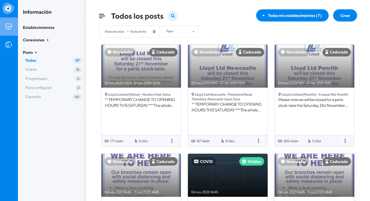 interfaz Google Posts en Localoo