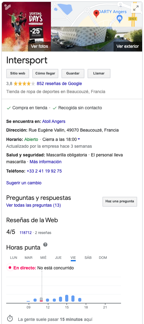 ficha google my business intersport francia