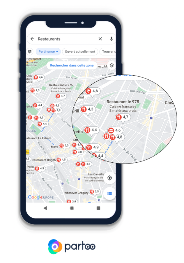 Visualización de notas de restaurantes en Google Maps