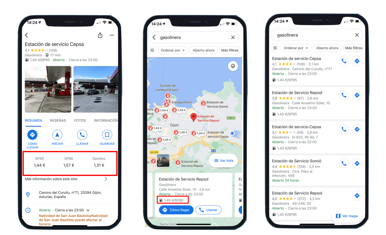Precios de carburantes indicados en búsqueda Google Maps 