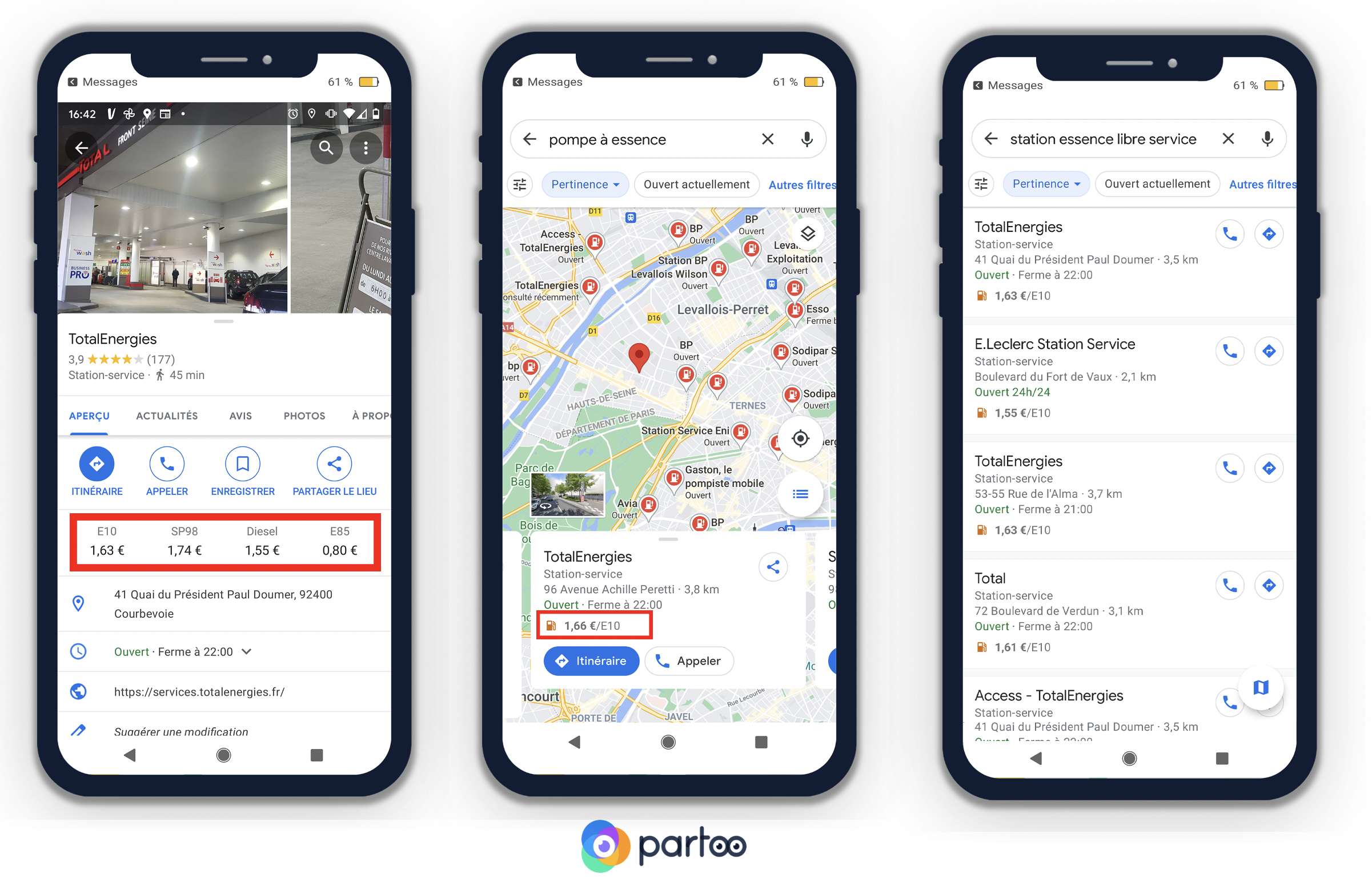 Affichage des prix des carburants dans les stations service sur Google Maps Exemples