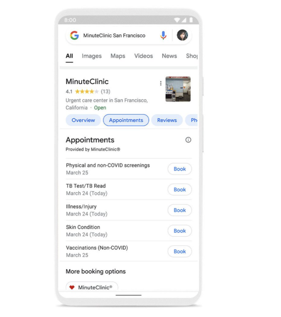 Ejemplo de MinuteClinic con la nueva funcionalidad de Google