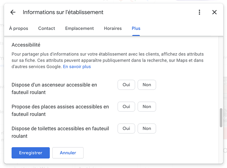 fiche google attribus accessibilite