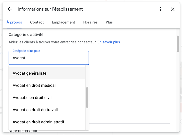 fiche google my business catégories avocat