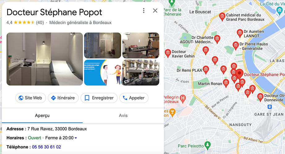 fiche d'établissement d'un médecin généraliste à bordeaux affichée sur google maps