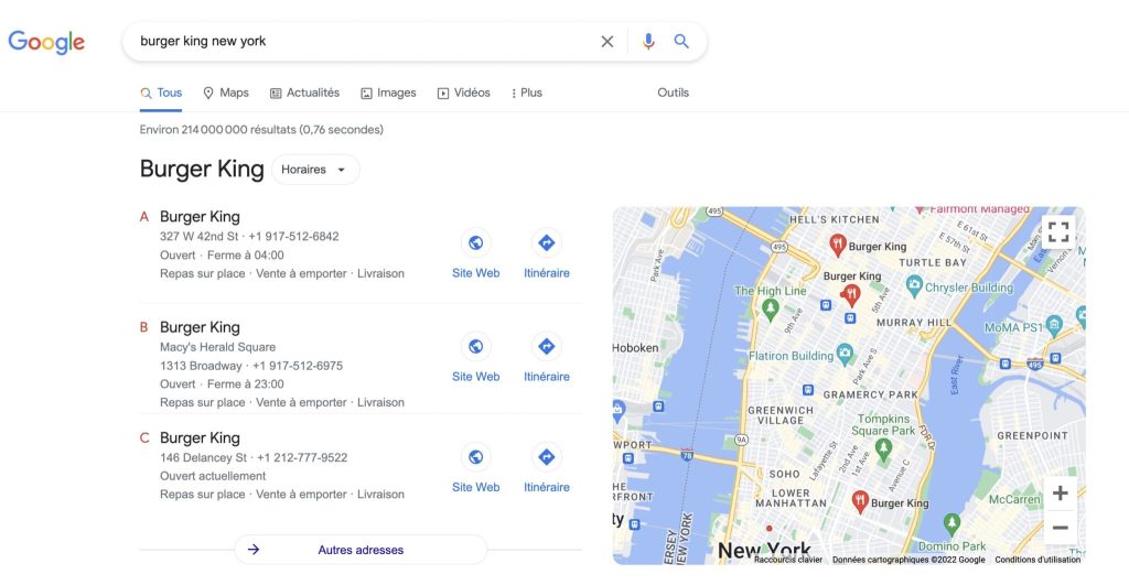 Página resultados Burger King con atributos