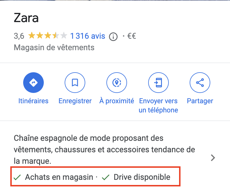 Des attributs sur la fiche Google d'une boutique.