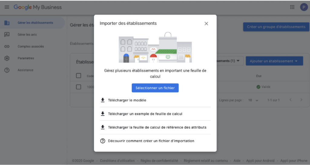 Capture d'écran importation groupée informations fiches d'établissement