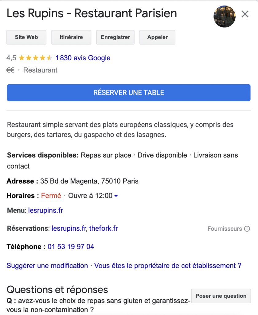 Capture d'écran d'une fiche d'établissement après une recherche locale