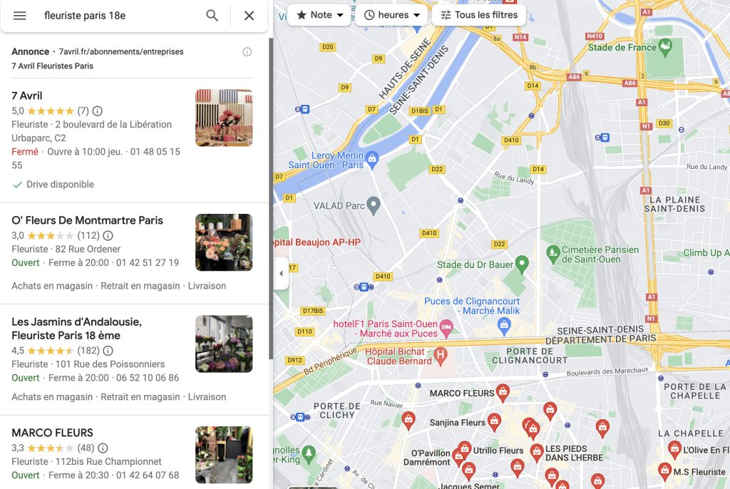 Une illustration des résultats locaux sur Google Maps