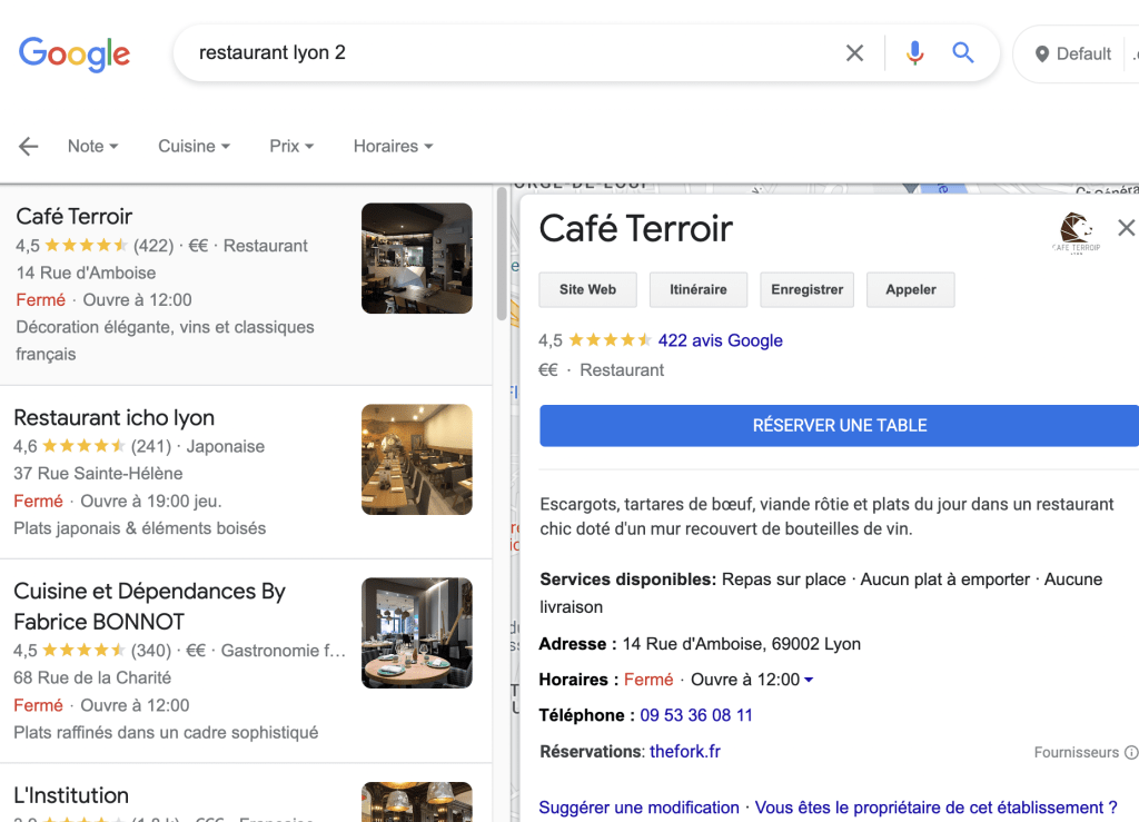 Capture d'écran d'une fiche Google Business Profile